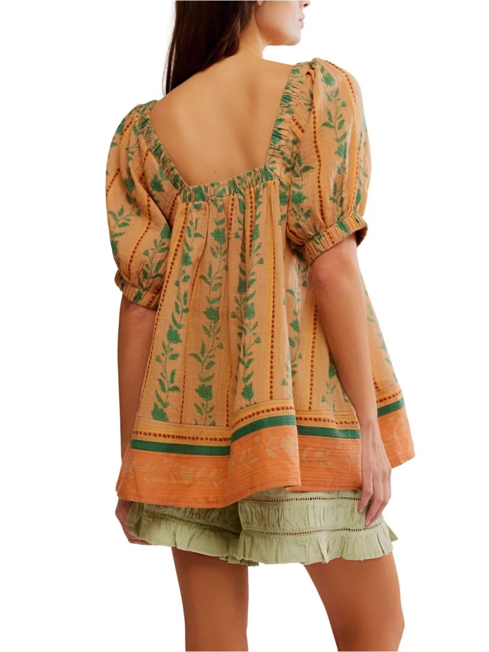 Free People Peasant Tunic with peach and Green Floral Print Santorini size M